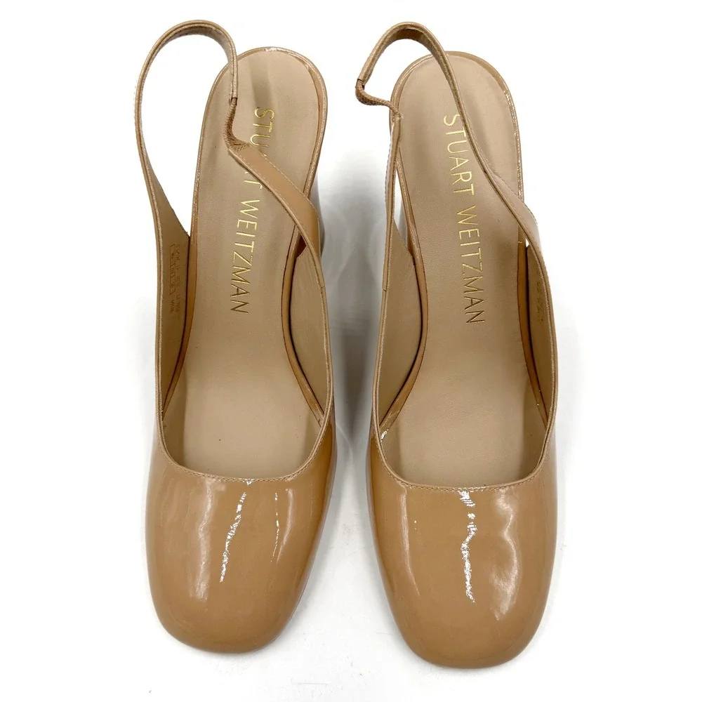 Stuart Weitzman Curveblock 85 Slingback Pumps Beige Patent Leather Heels 10.5
